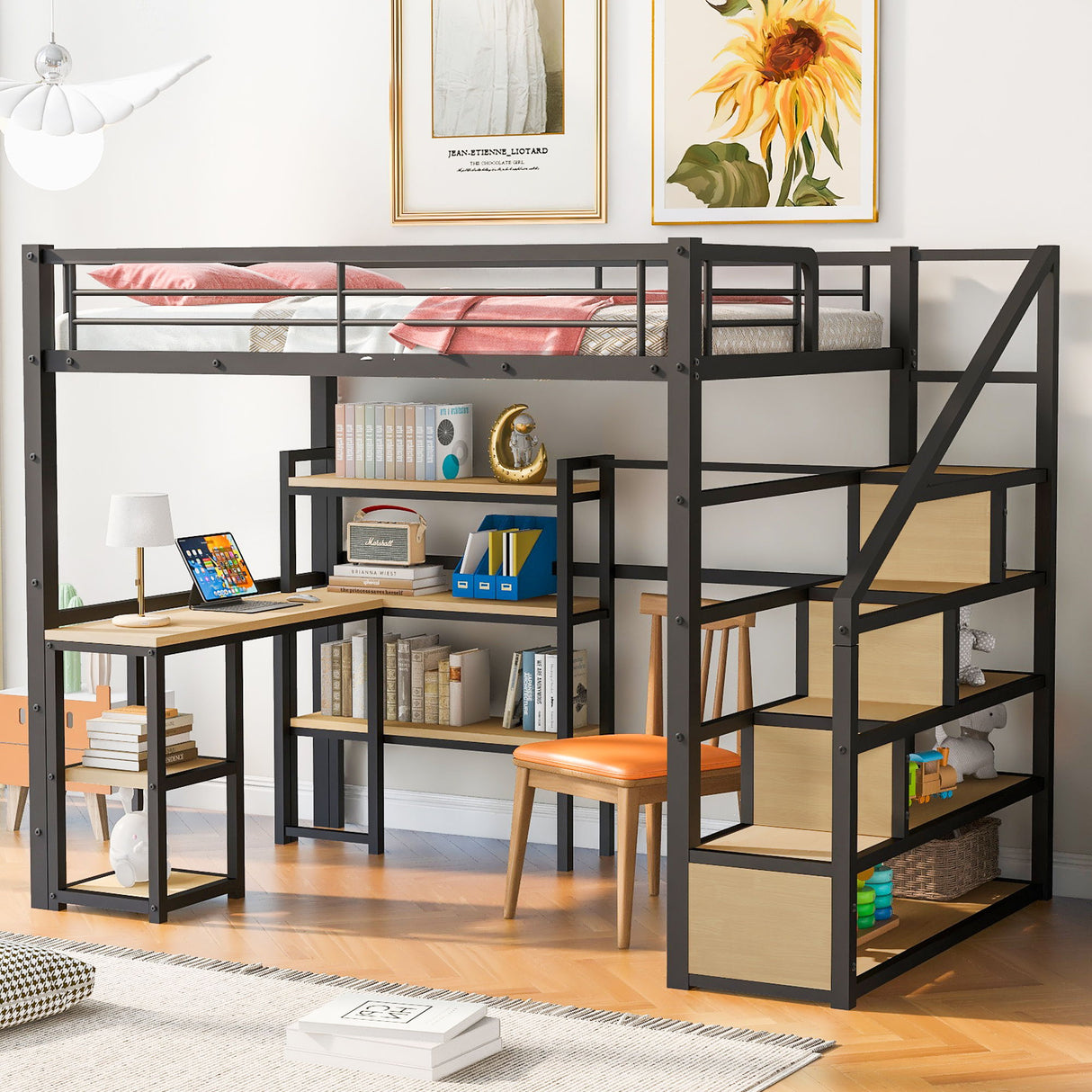 Full Size Loft Bed With Staircase, Built In Desk And Shelves And Sleeping Surface - Black