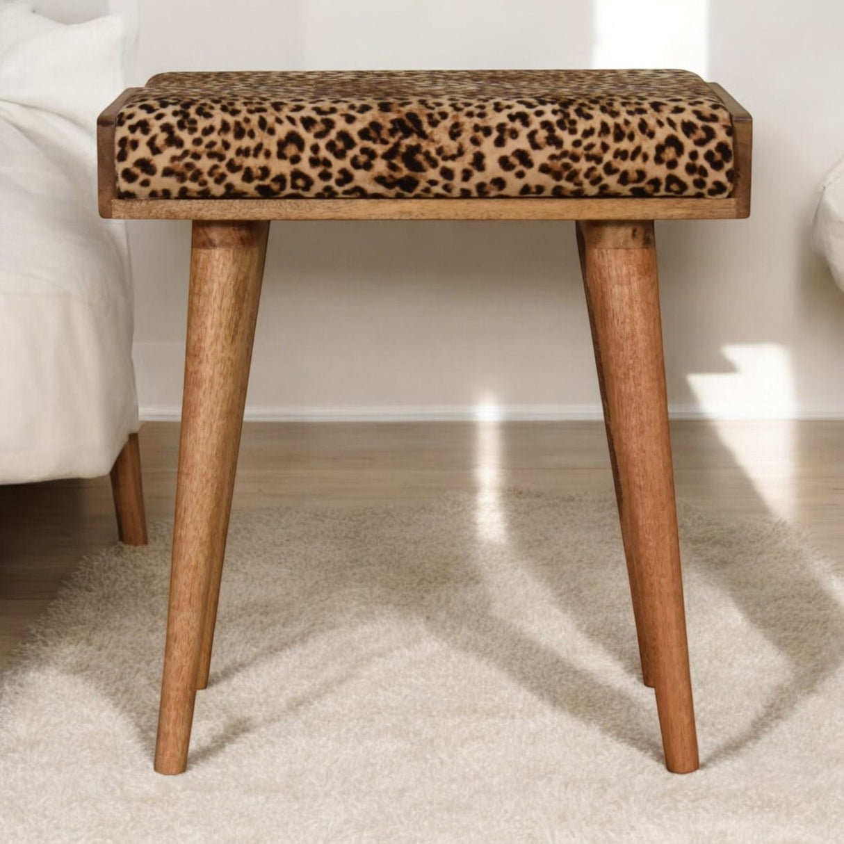 Leopard Velvet Tray Style Footstool - Brown Oak