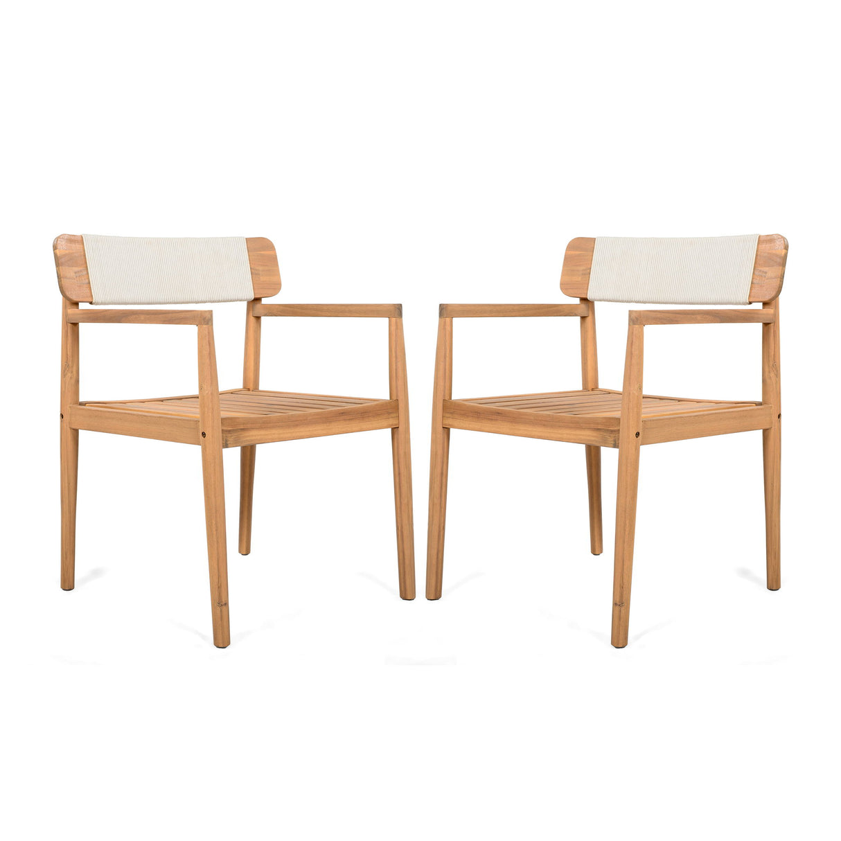 Creative Braided Acacia Wood Outdoor Dining Table And Chairs With Armrests (Set of 2) - Teak / White