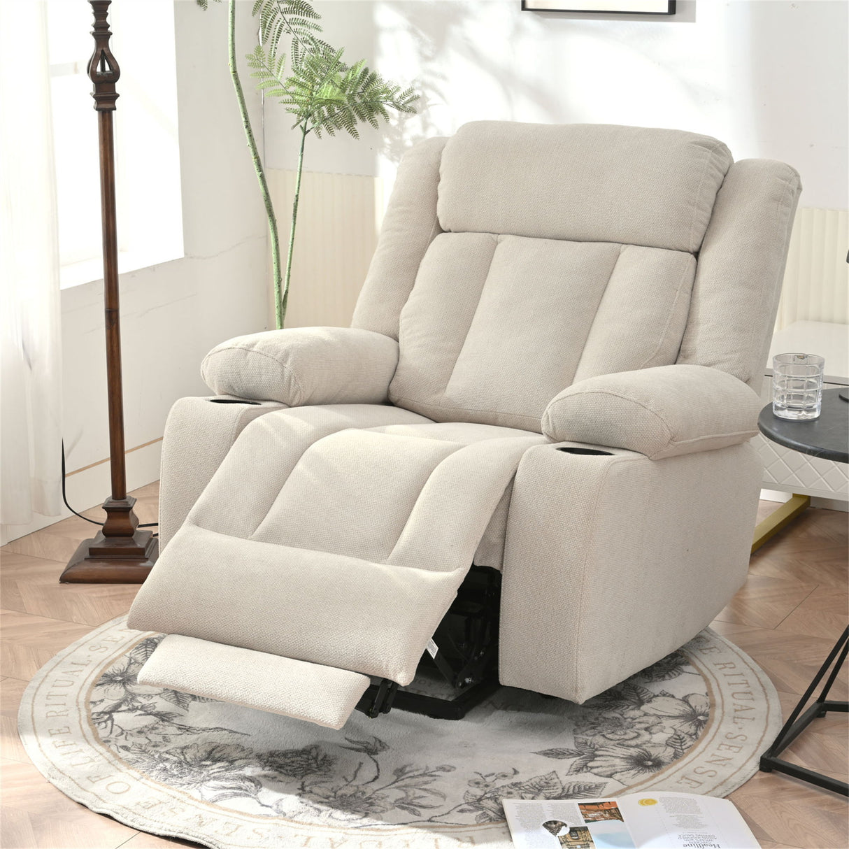 Power Lift Recliner Chair With Extended Footrest, Remote Control, Cup Holders, And Side Pockets
