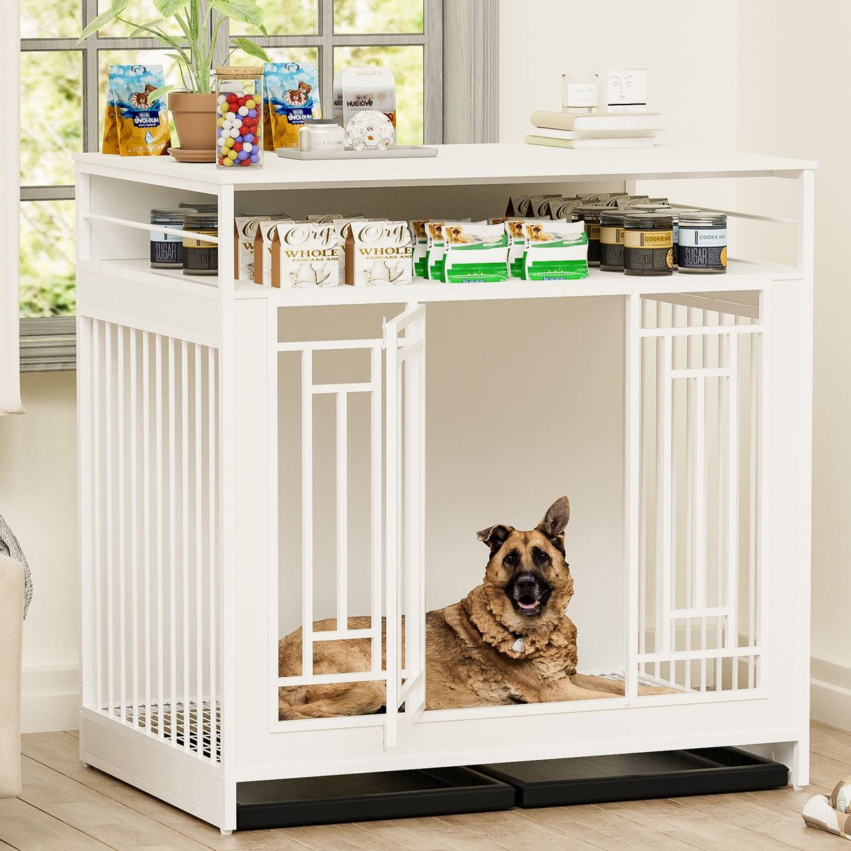 Wooden Dog Crate Furniture With Divider And Storage - White