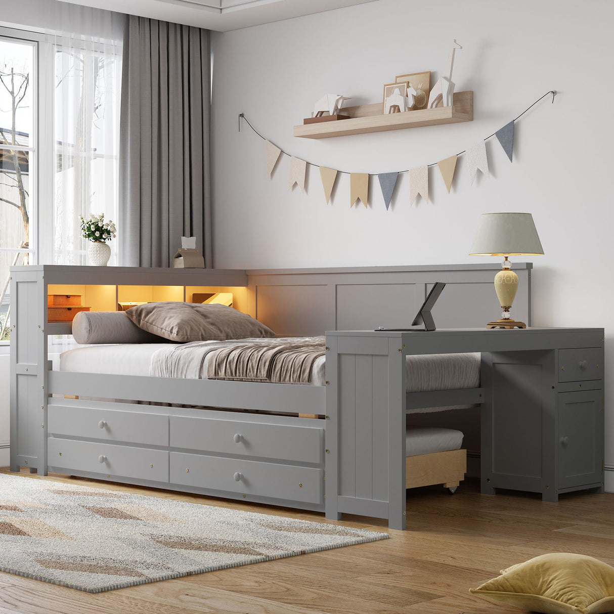 Daybed With Storage Shelves, Drawers, Trundle, Charging Station, LED Light, Desk And Cabinet