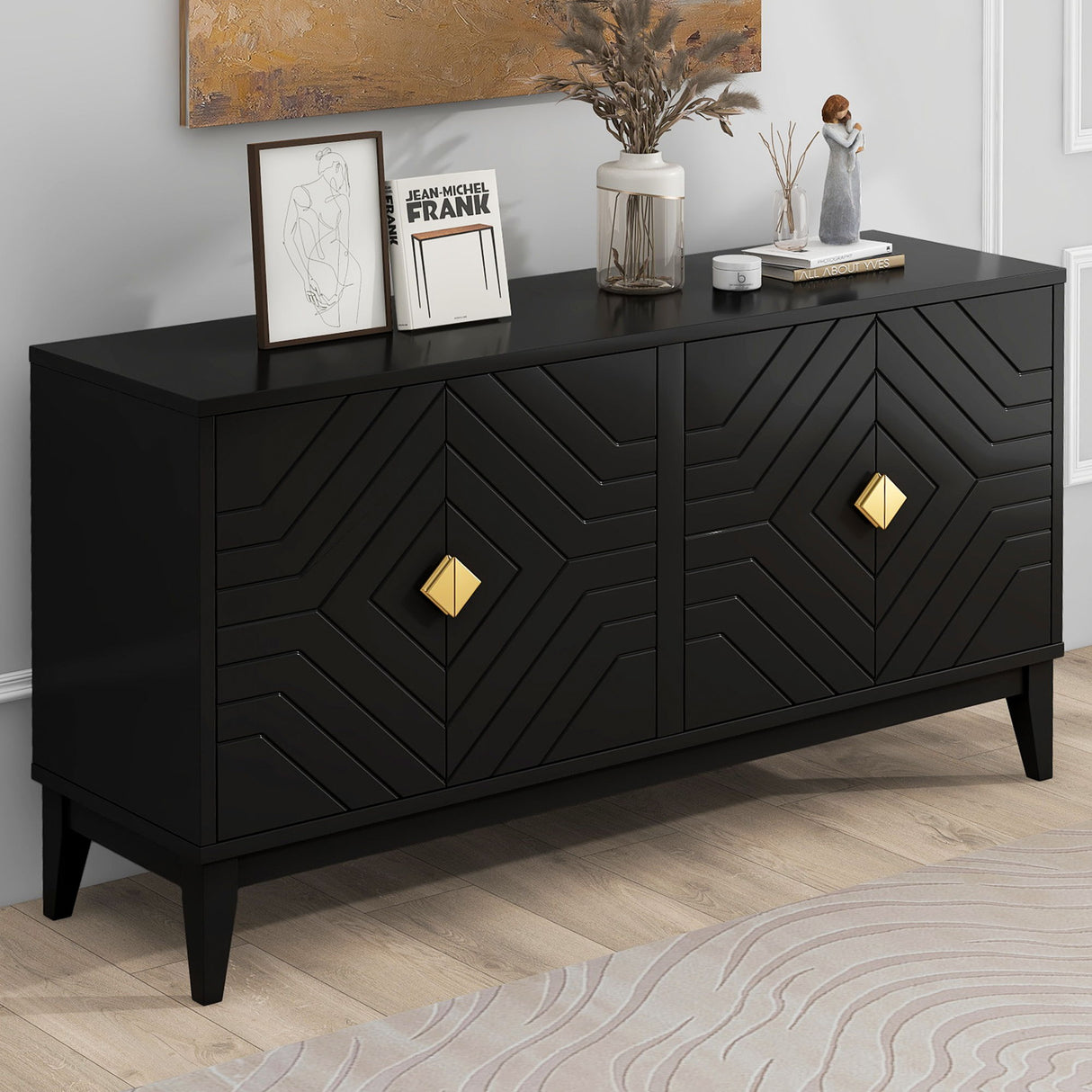 4 Door Sideboard Storage Cabinet For Living Room And Dining Room, 2 Large Cabinets With Gold Handles And Adjustable Shelf - Black