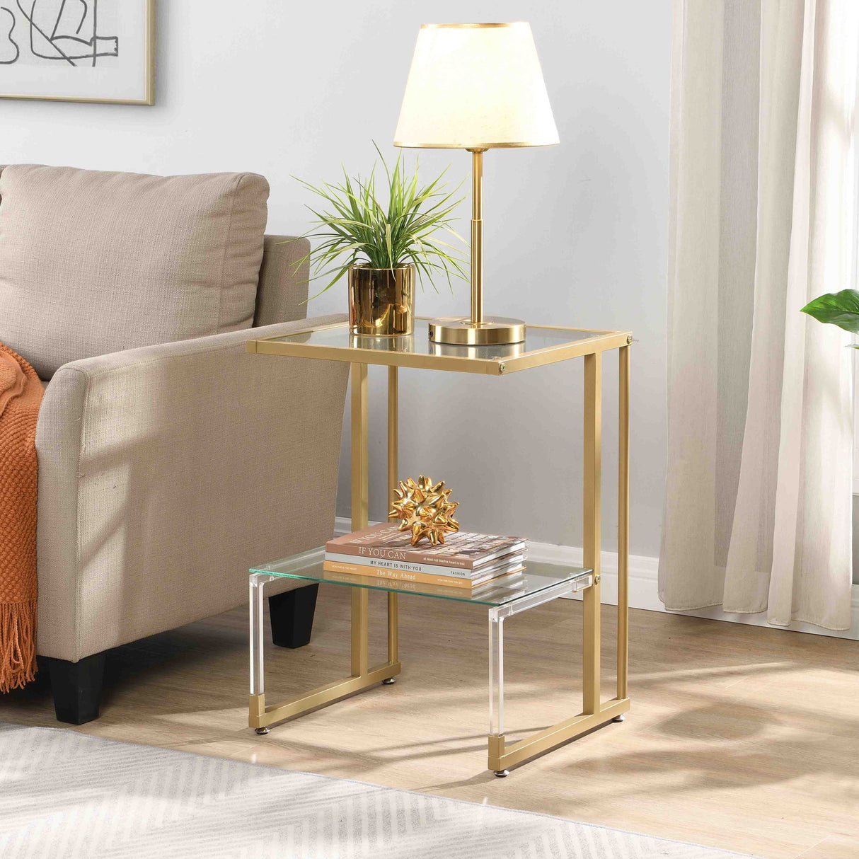 2 Tier Acrylic Glass End Table For Living Room
