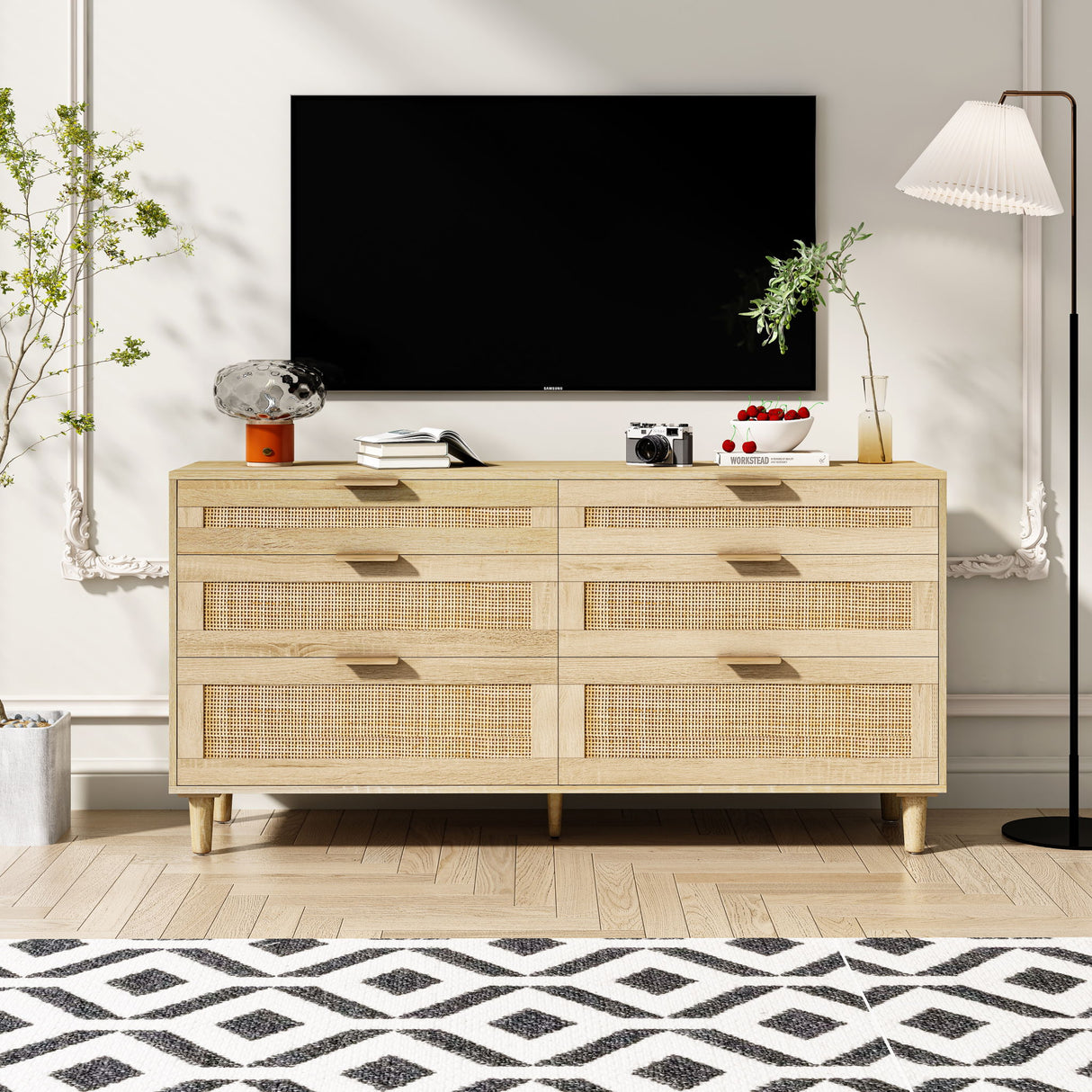 Rattan Dresser With 6 Drawers, Legs & Handles, Storage Cabinet - Natural