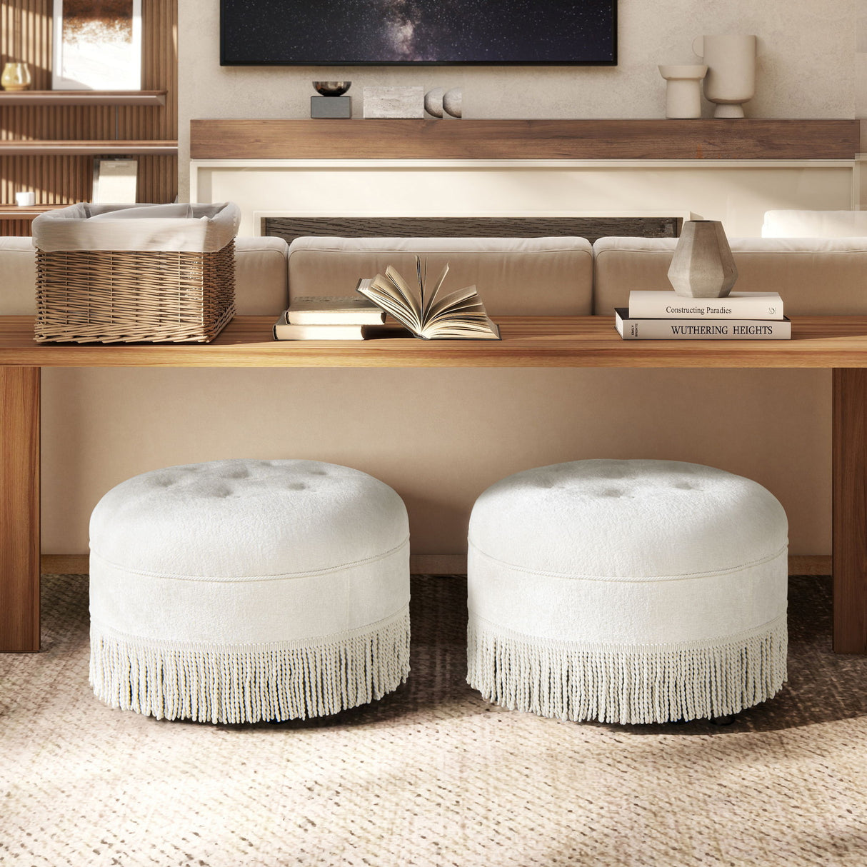 Yolanda - Round Upholstered Accent Ottoman - Almond White