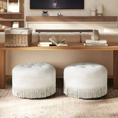 Yolanda - Round Upholstered Accent Ottoman - Almond White