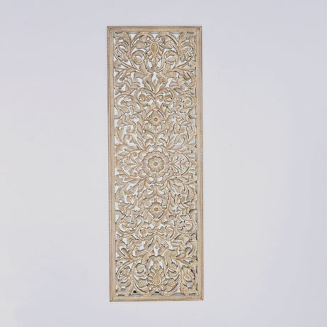 Floral Hand Carved Mandala Rectangle Wall Decor With Mirror - Antique Brown / White