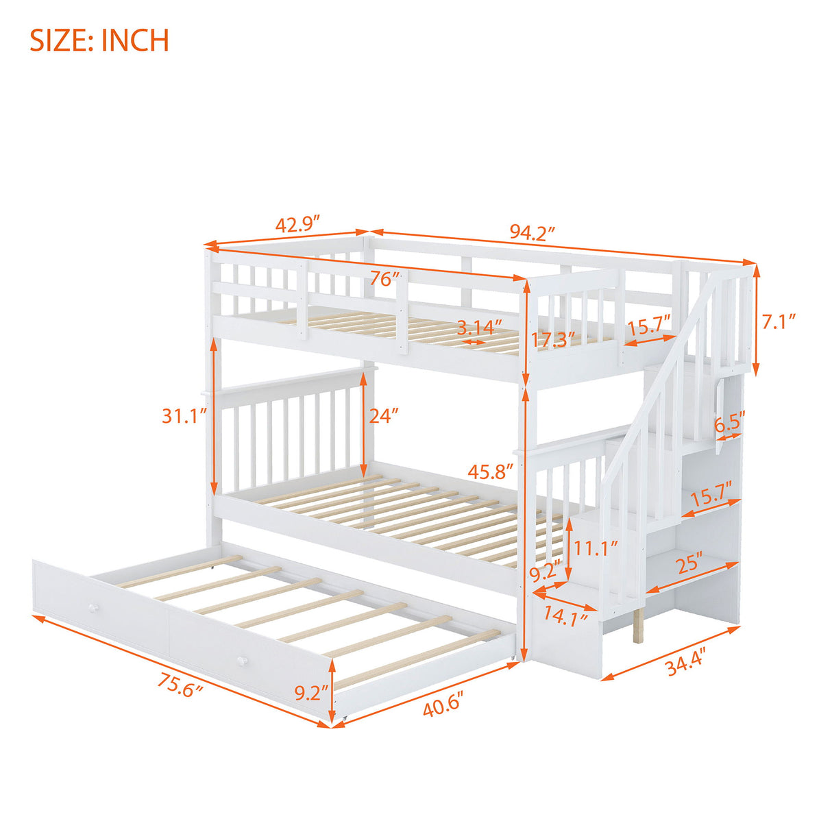 Stairway Bunk Bed With Storage And Guard Rail For Bedroom