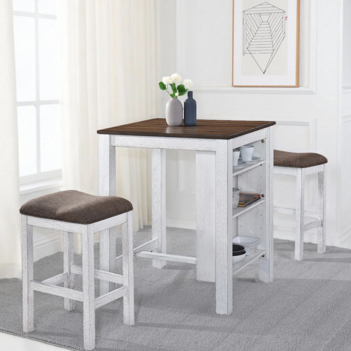 3 Pieces Counter Set Storage Space For Small Space Modern Farmhouse Design Retro Design Easy To Assembly - Antique Dark Oak / Antique White