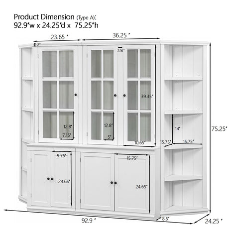Retro Style Wall Suit With Glass Doors, 75.25" Tall Display Cabinets & Triangle Sided Bookshelves - White