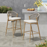 Outdoor Bar Height Metal Frame Counter Stools With Scallop Shaped Backrest & Water Resistant Cushions
