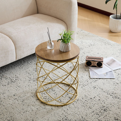 Contemporary Golden Side Table With Top And Metal Frame - Natural / Gold