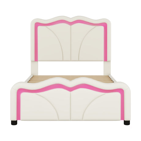 Upholstered Platform Bed & Curve Shaped And Height Adjustable Headboard, LED Light Strips