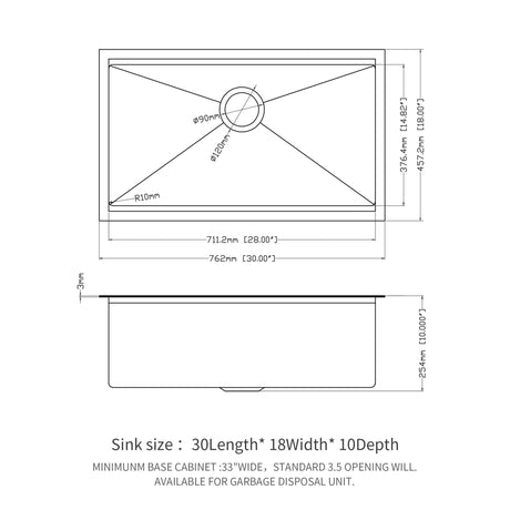 Workstation Kitchen Sink 30" X 18" X 10" Single Bowl Undermount 16 Gauge - Gunmetal Black