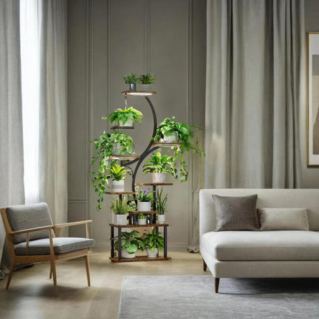 8 Tier Indoor Plant Stand With Grow Lights, S Shaped Metal Shelf For Multiple Plants - Black / Dark Walnut