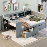 Upholstered Headboard Platform Bed With Storage Shelves, Drawers, Charging Station
