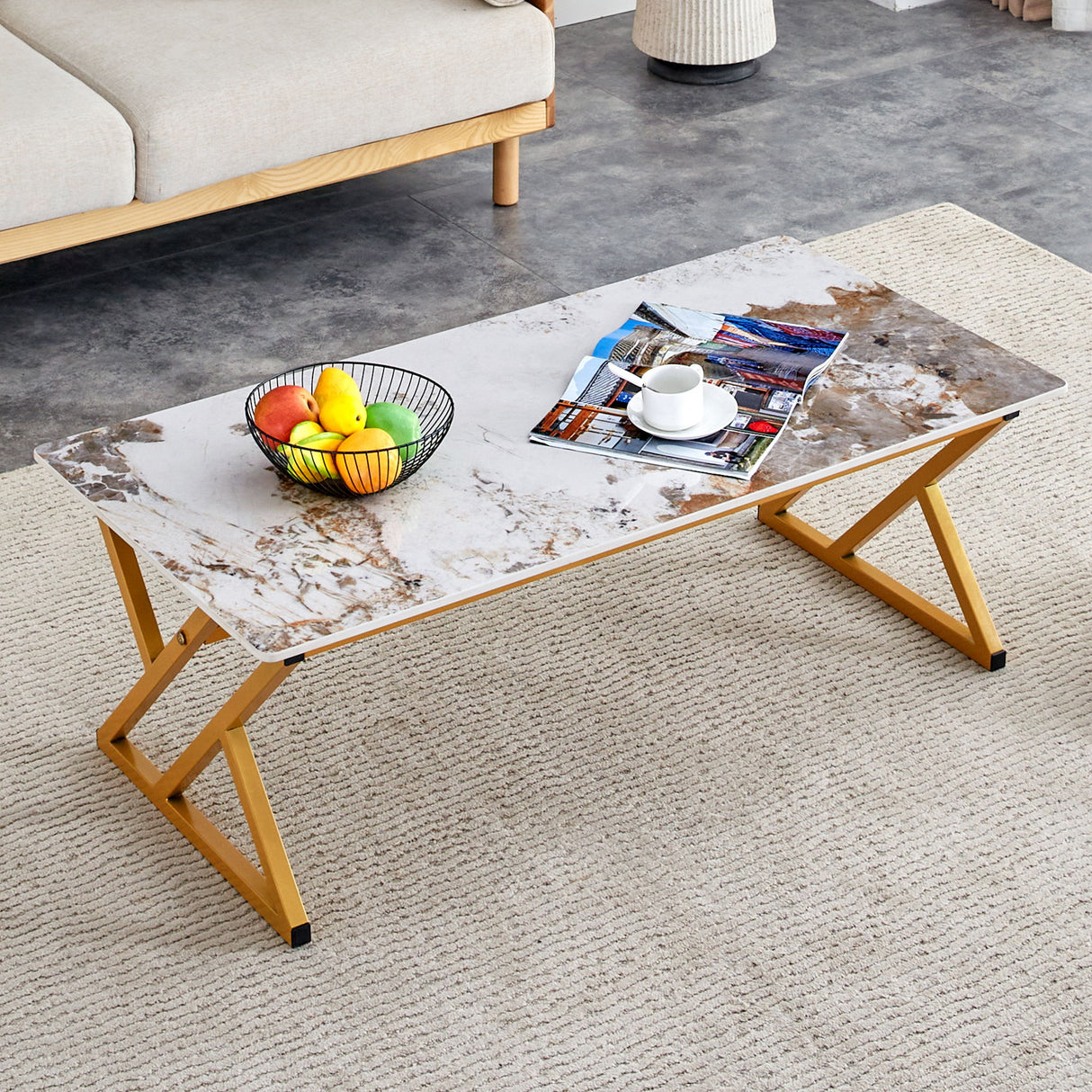 Coffee Table With A Natural And Smooth Marble Pattern On The Surface - Gold