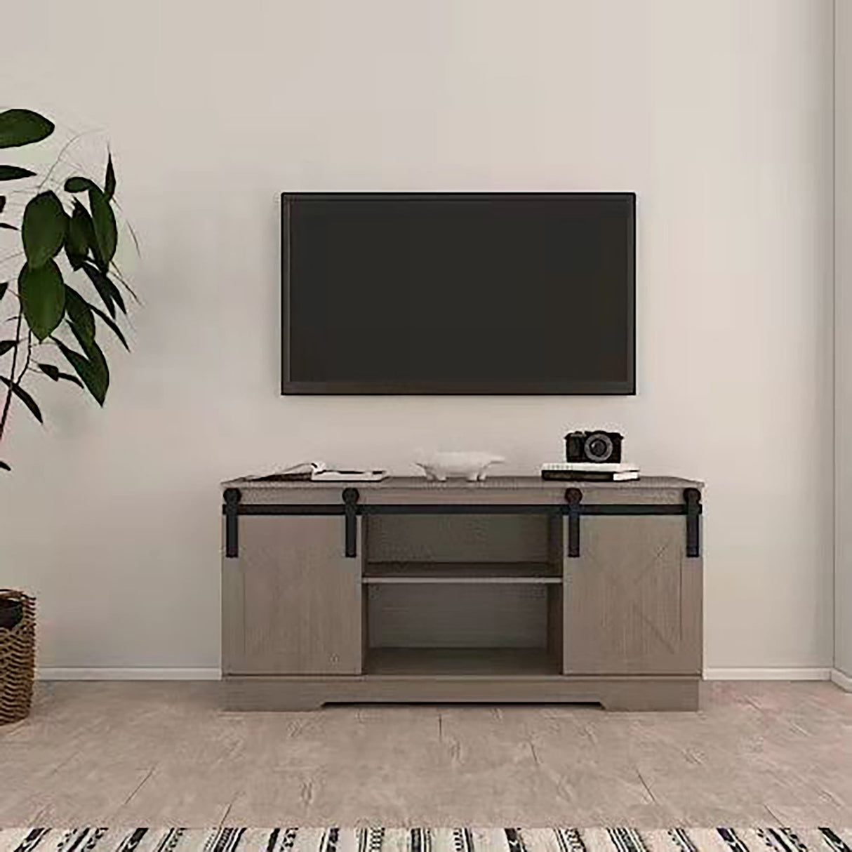 Lane - TV Stand With Sliding Barndoors Water And Heat Resistant Melamine - Rustic