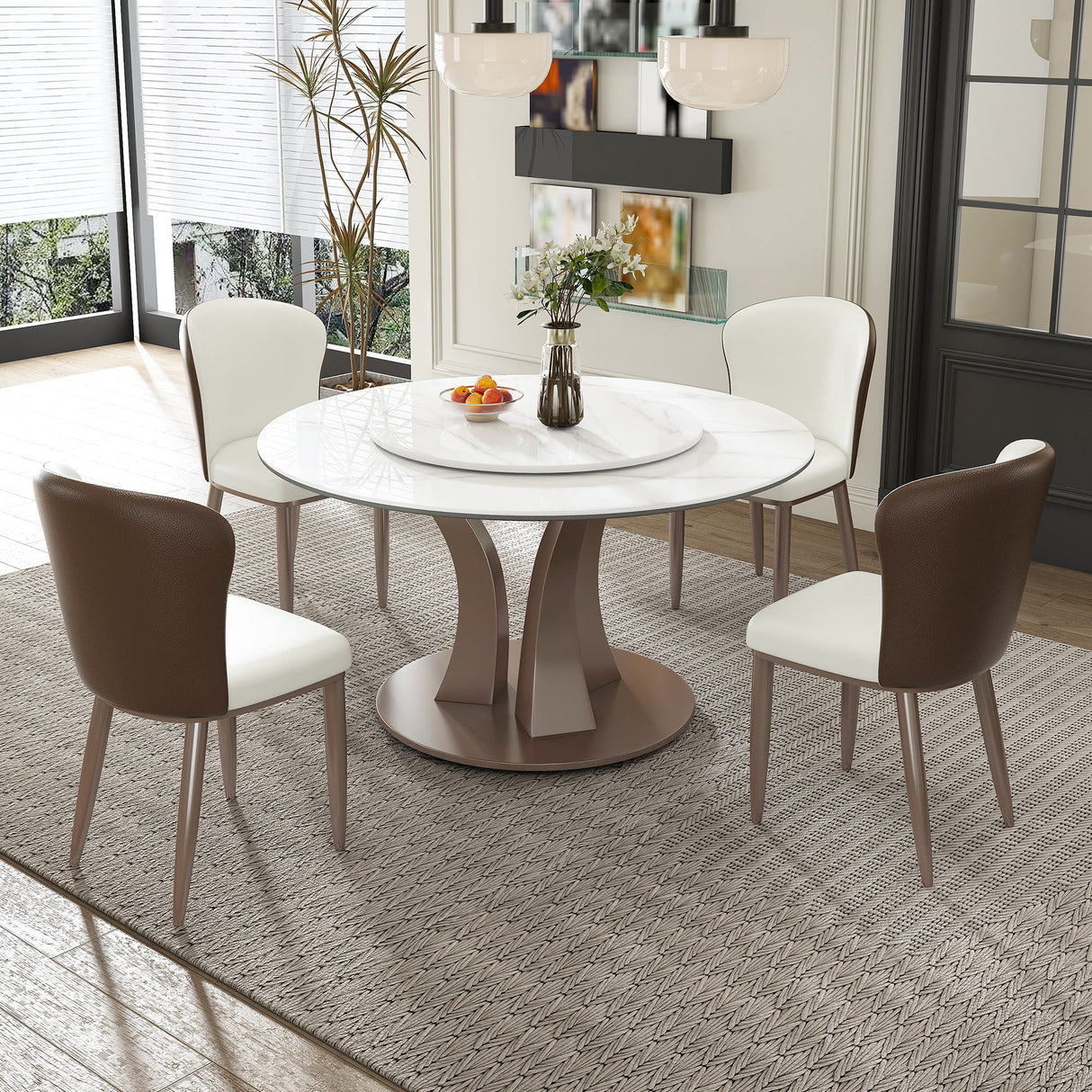 Table With Rotating Tray Scratch & Heat For Kitchen & Restaurant, 4 Chairs - White