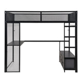 Full Size Gaming Loft Bed With LED Desk, Open Wardrobe, 3 Linen Storage Drawers - Black