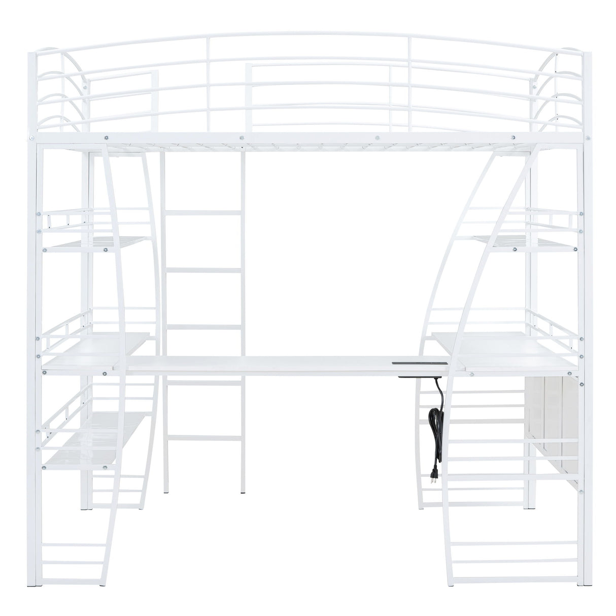 Loft Bed With 4 Layers Of Shelves And L-Shaped Desk, Stylish Metal Frame Bed With A Set Of Sockets, USB Ports And And Wireless Charging