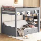 Wood Full Size Convertible Bunk Bed With Storage Staircase, Bedside Table, And 3 Drawers - Gray