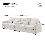 Upholstered Sofa With Console, 2 Cupholders And 2 USB Ports Wired Or Wirelessly Charged, Modern Linen Fabric Couches With 4 Pillows For Living Room, Apartment (4-Seat)