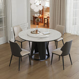 Modern Sintered Stone Dining Table With Round Turntable And Metal Pedestal - White