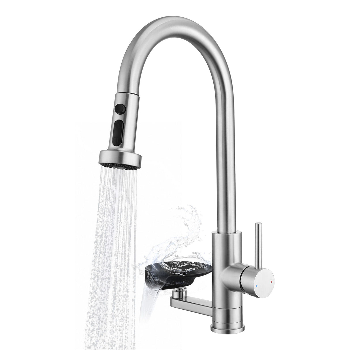 3 In 1 Kitchen Faucet With Press Type Glass Rinser, High Arc Pull Down Sprayer