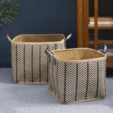 Square Palm Leaf Woven Wicker Storage Basket With Handles (Set of 2) - Back / Brown