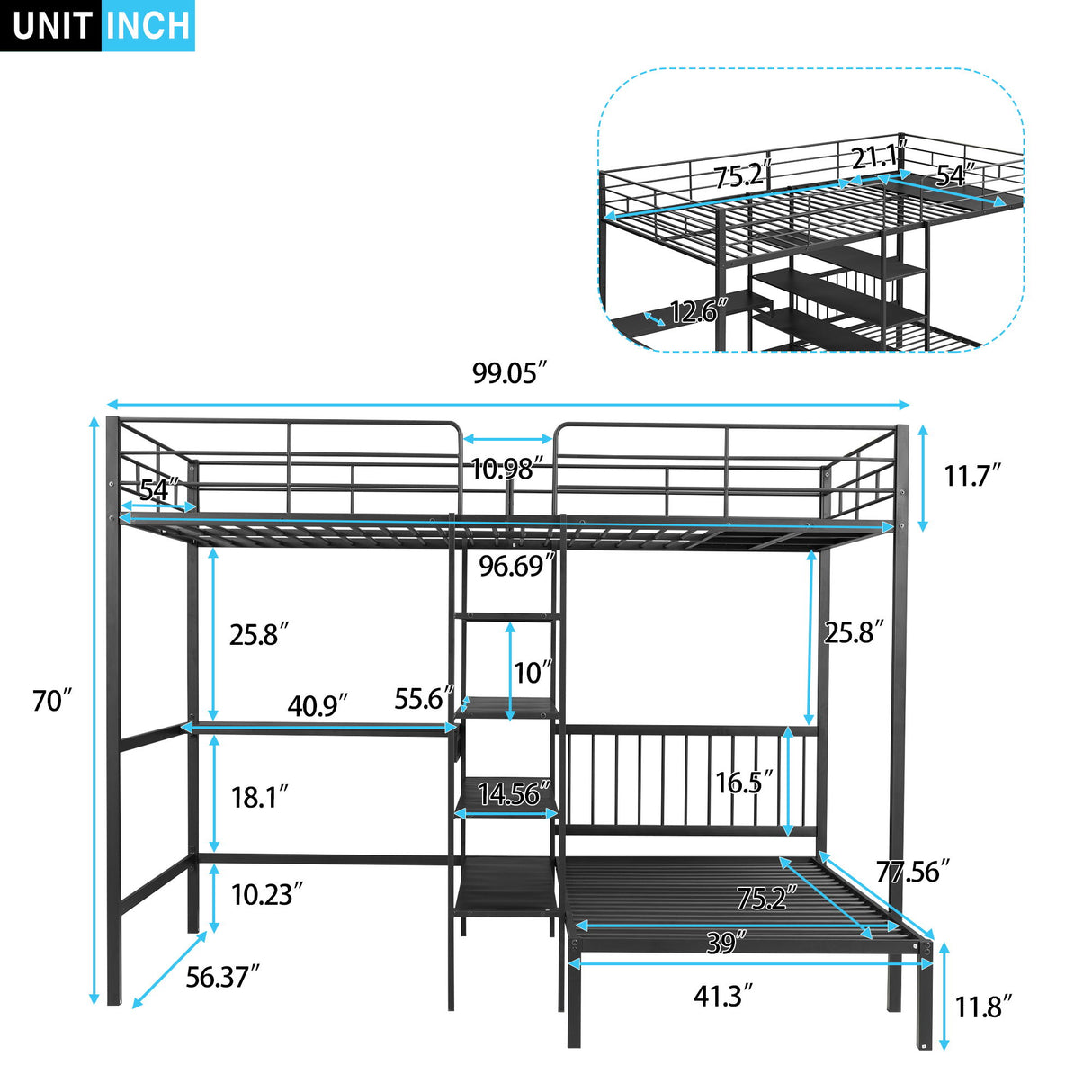 Full Over Twin Bunk Bed With Built In Desk, Shelves And Ladder - Black