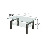 Tempered Clear Glass Coffee Table, 2-Layers Coffee Table Living Room Center Table - Black