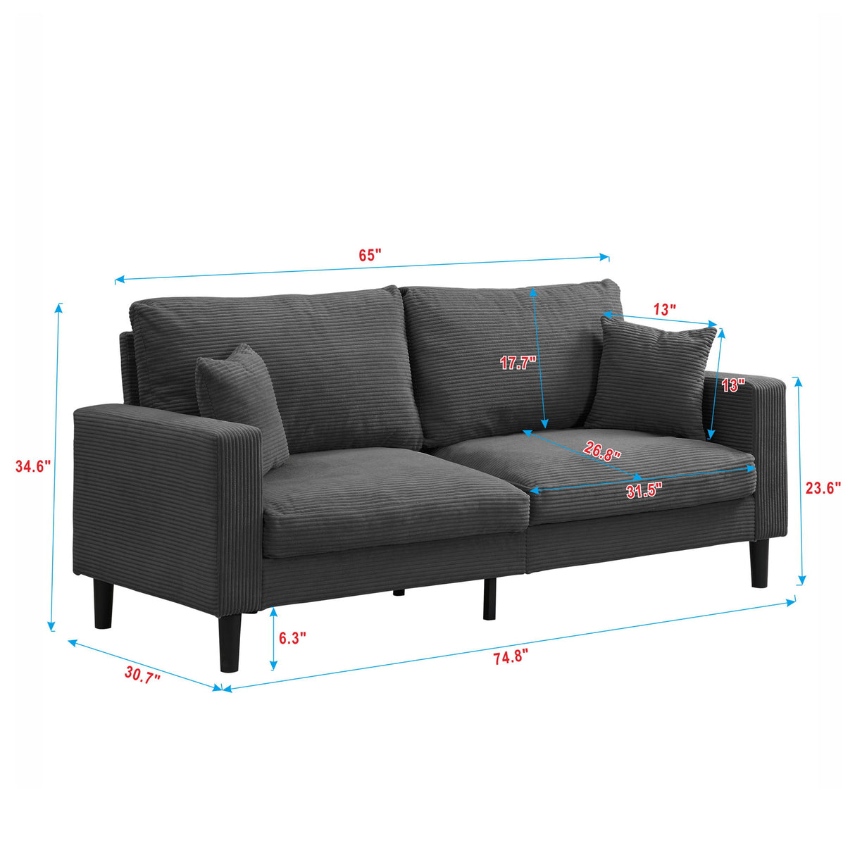 Modern Upholstered 3 Seat Sofa, High Resilience