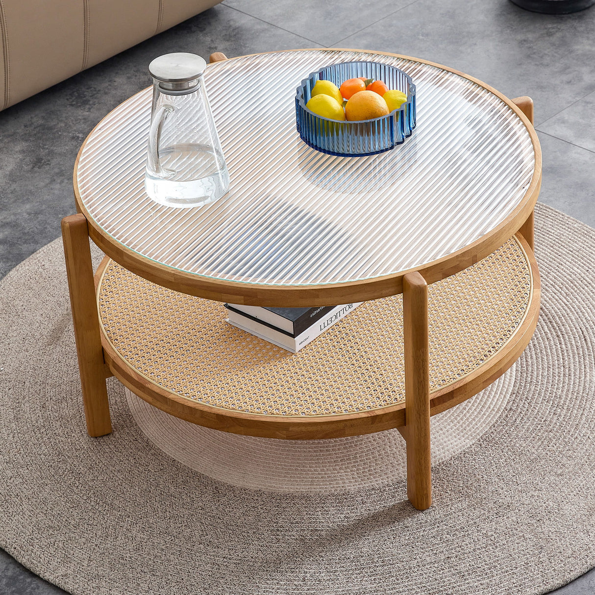 Modern Style Circular Double Layer Tea Table With Rattan Weave