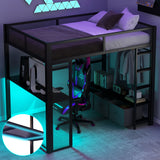 Full Size Gaming Loft Bed With LED Desk, Open Wardrobe, 3 Linen Storage Drawers - Black