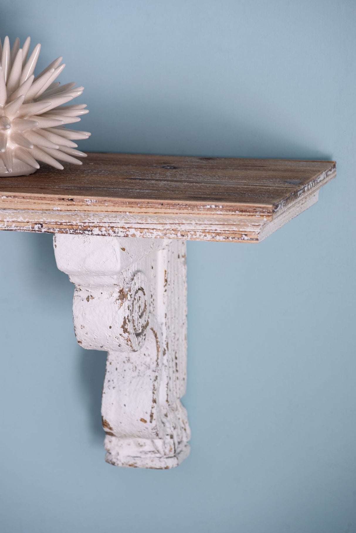 Distressed And Wooden Wall Shelf With Corbel Design - Brown / Antique White
