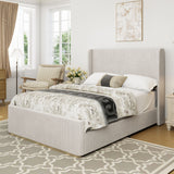 King Size Luxurious Corduroy Upholstered Bed Frame With Vertical Stripe Wingback Headboard And High Footboard - Light Gray