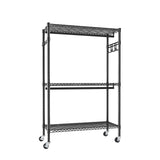 Heavy Duty Rolling Clothes Rack With 3 Tier Shelves, 2 Rails & Side Hooks, Adjustable Freestanding Organizer Metal - Black