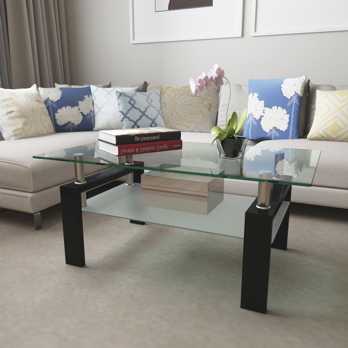 Modern Rectangular Coffee Table With Tempered Glass Top