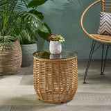Boho Arias - Side Table With Tempered Glass Top And Rattan Wrap