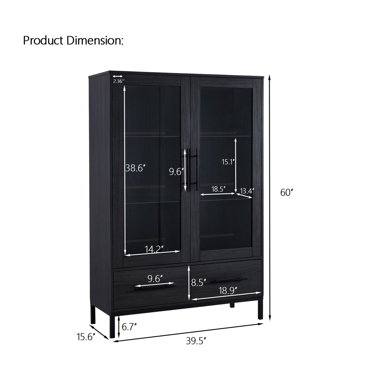 Modern Style Tall Display Cabinet With LED Lighting, Tempered Glass Door, 2 Drawers