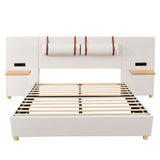 Upholstered Platform Bed, 2 Outlets And USB Charging Ports On Both Sides, 2 Bedside Pillows, Storage Shelves