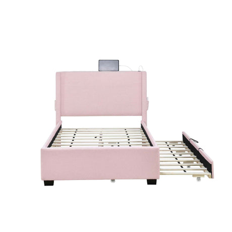 Twin Size Upholstered Bed Frame With Trundle Bed, Teddy Fabric, USB Functionality, And A Pocket Design On The Side Of The Headboard For Storing Small Items - Baby Pink
