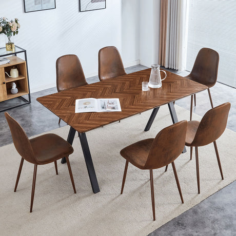 Suede Backrest Chairs With Metal Legs & Herringbone Dining Table Set