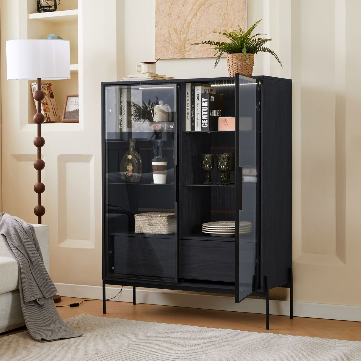 Modern Minimalist Style LED Curio Cabinet With Tempered Glass Door, Metal Legs