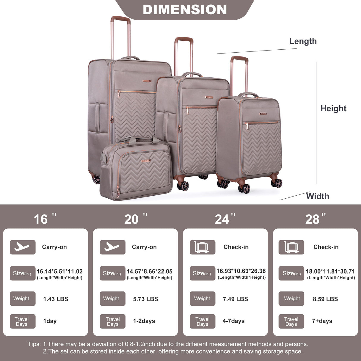 4 Piece Set, Softshell Suitcase Spinner Wheels Terylene Luggage Sets