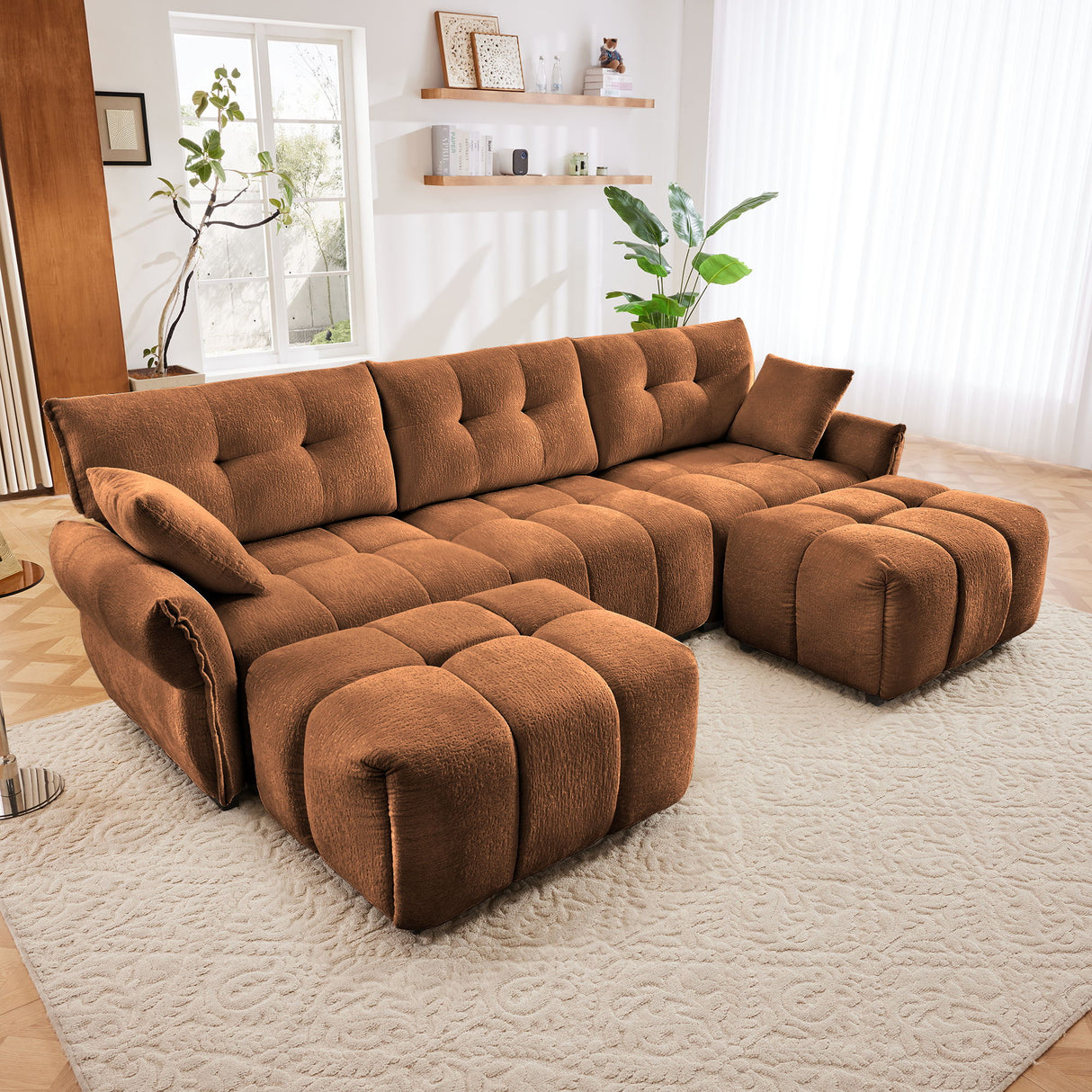 Sofa Set With Ottoman And Pillows, Textured, High Resilience Cushions