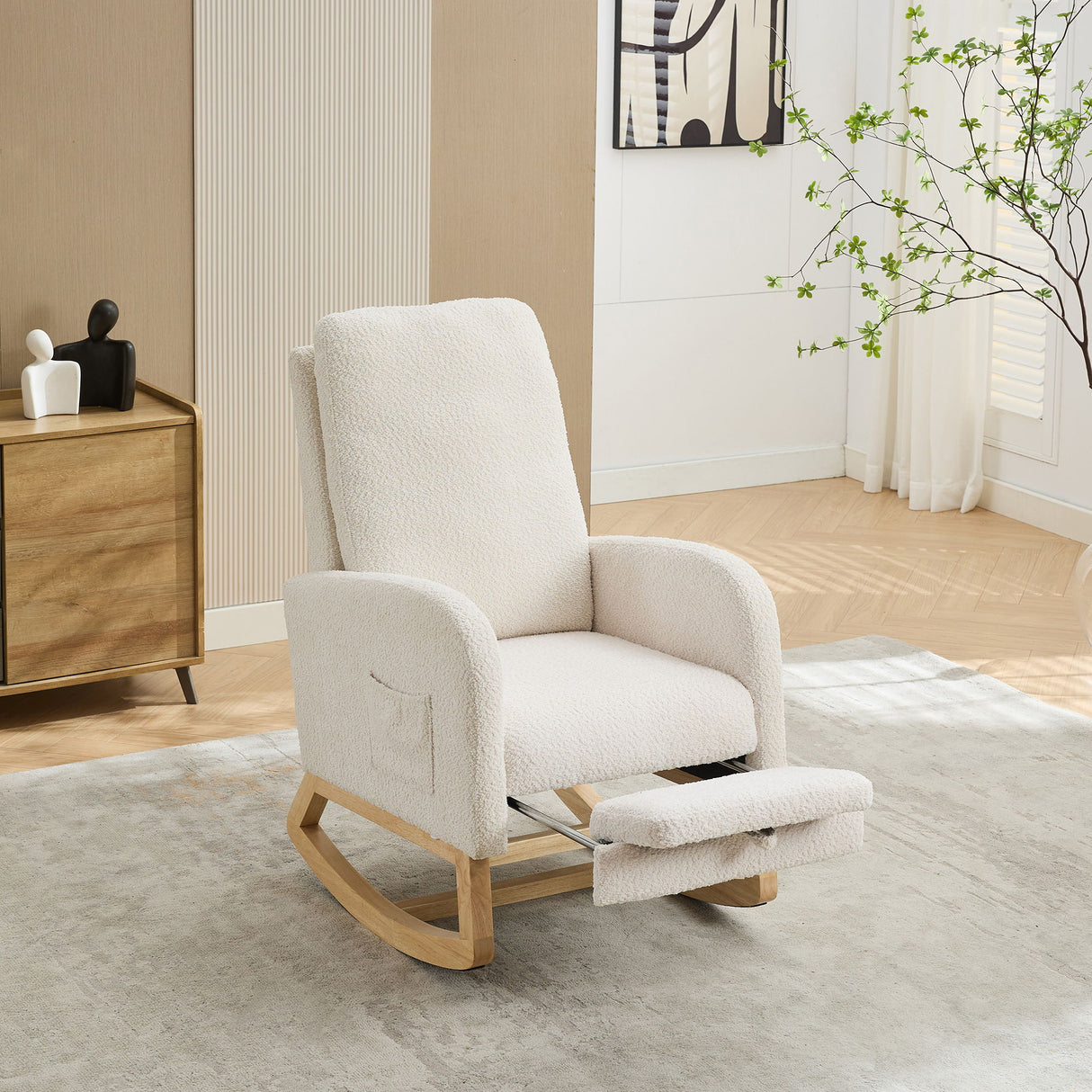 High Back Glider Rocking Chair With Retractable Footrest And Rubber Wood Legs