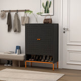 Grid Double Door Shoe Cabinet With Adjustable Compartments And Moisture-Proof Design In White Metal